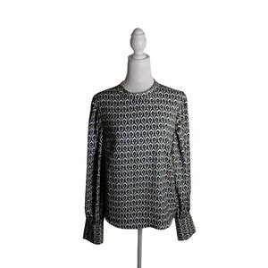 Cupcakes And Cashmere Women's M Blue Gold Print High Neck Balloon Sleeve Blouse